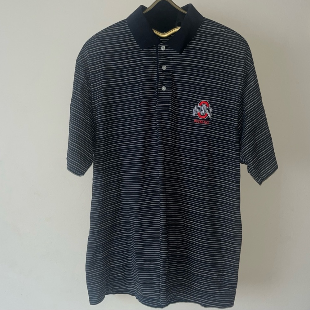 Cutter & Buck Ohio State polo shirt thin stripes Black & White w Red Logo New